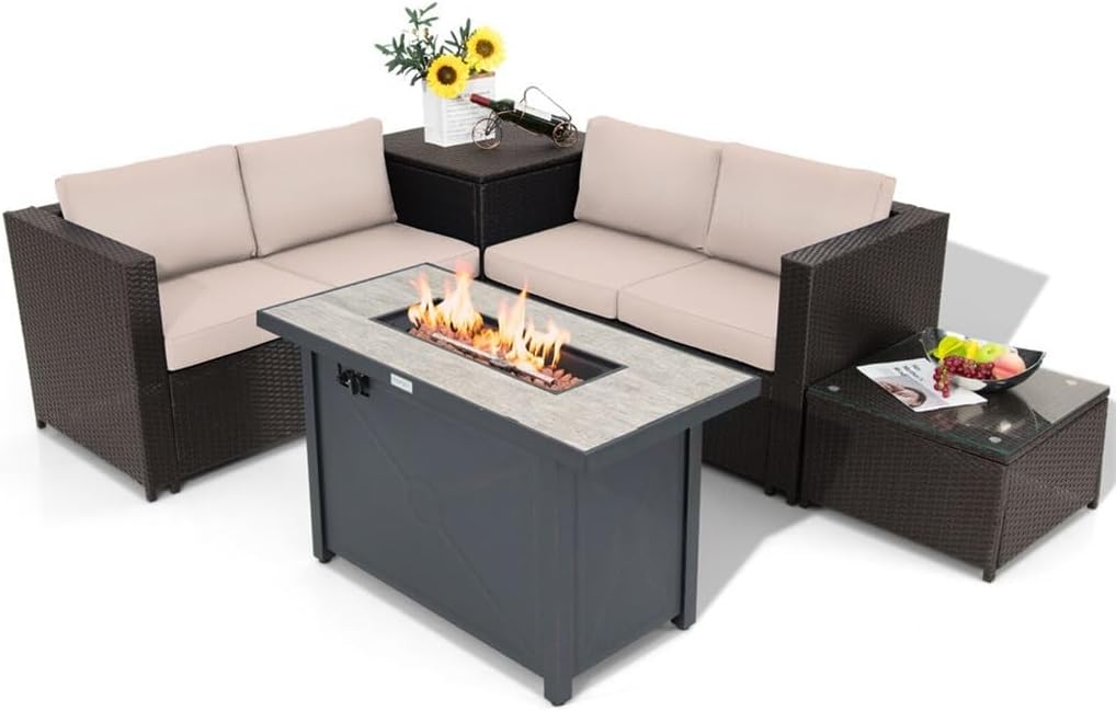 5PCS Patio Rattan Furniture Set Fire Pit Table W/Cover Storage Cushion Beige