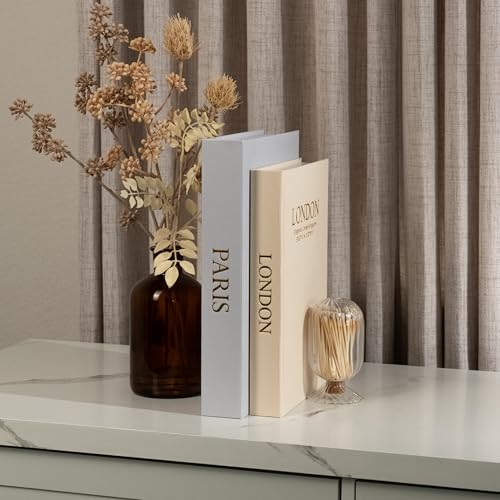 Image of Decorative Books with Storage (Gray /Beige) - Set of 2 Faux Linen Book Boxes with Gold Stamped Covers - Enhance Your Coffee Table, Bookshelf Decor - Hidden Storage for Photos, Keepsakes, and Jewelry