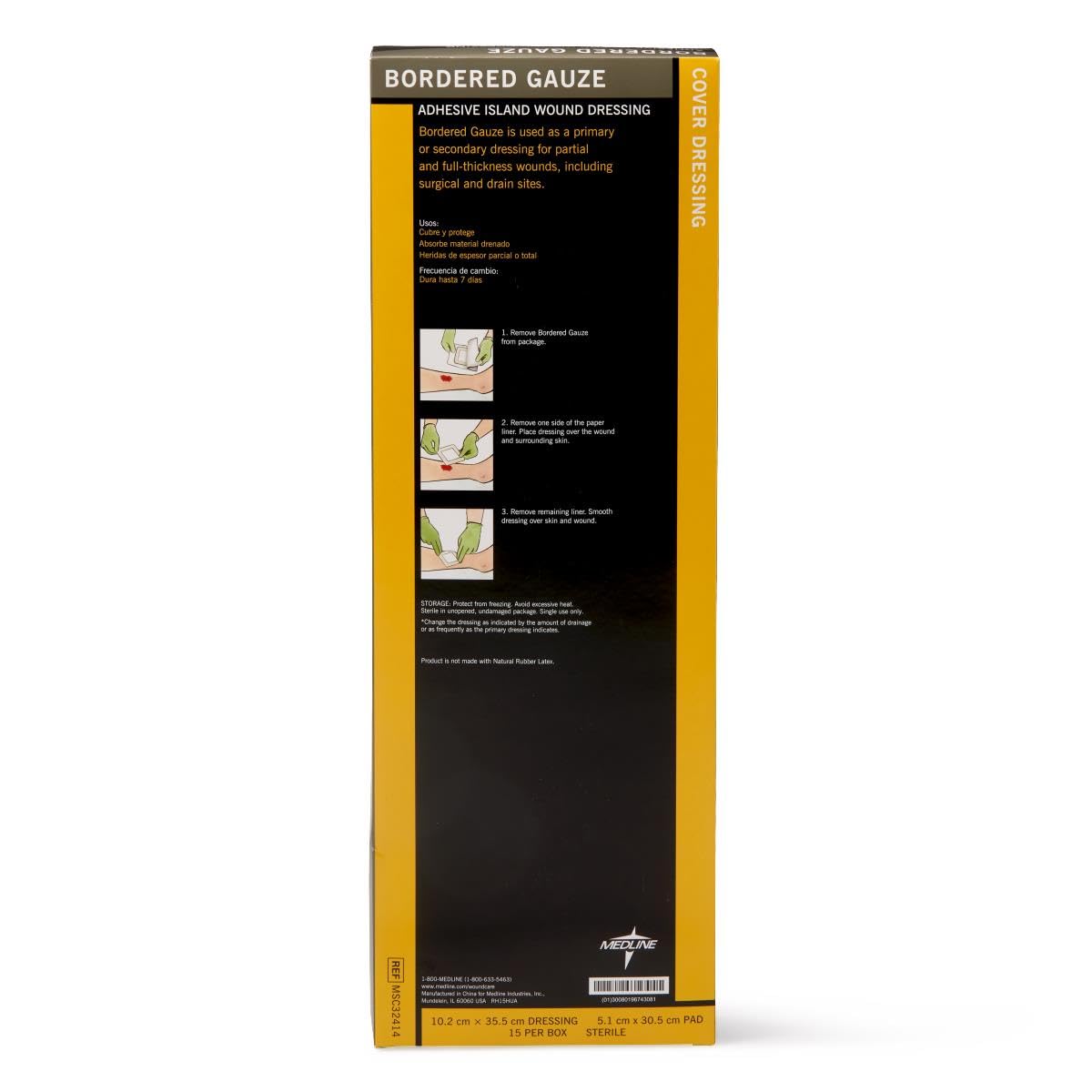 Medline MSC3222ZZ- Calibre estéril, 5 x 5 cm (paquete de 15), 4" X 14" (2" X 12" pad), blanco, 15