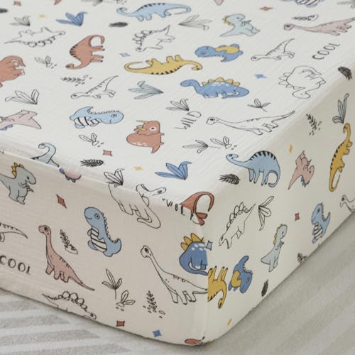Image of Brandream Crib Sheets 100% Cotton Muslin Baby Crib Sheets Fitted for Standard Crib and Toddler Bed Mattress 52" x 28", Soft and Breathable Neutral Dinosaurs, Cream White