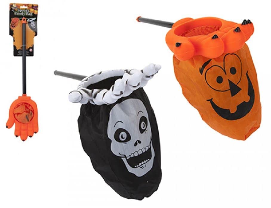 HiCollectionsHalloween Trick or Treat Skeleton Skull Ghost Hand Candy Sweets Bag with Long Handle (Black, White) and 10 Eyeball Bubblegum