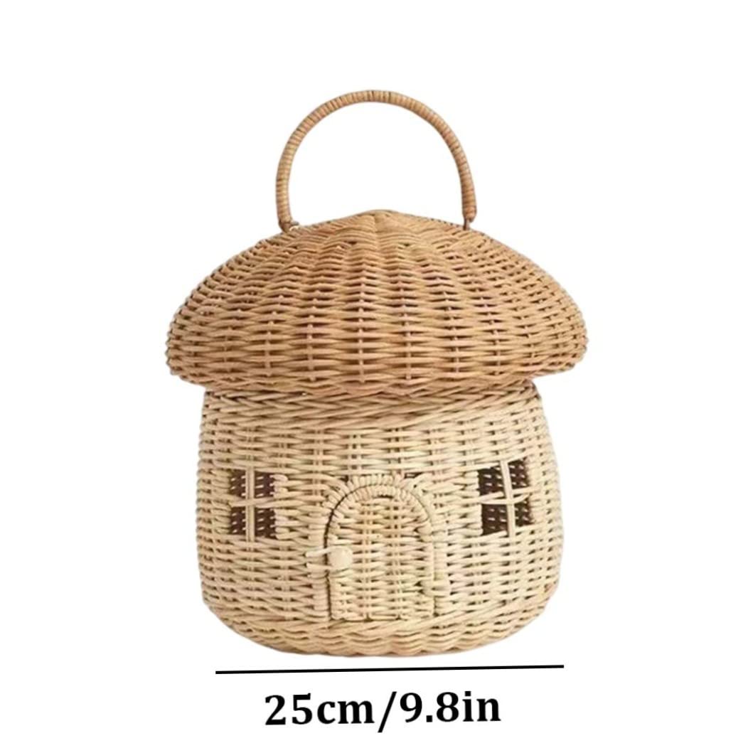 Cesta de almacenamiento tejida de ratán decorativa con forma de hongo de gran capacidad con tapa y asa, elegante cesta de mimbre para estante, despensa, cocina, baño, organizador del hogar