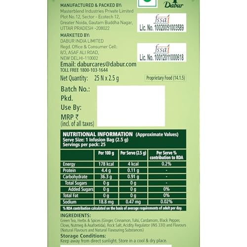 Image of Dabur Vedic Detox Kahwa Green Tea - 25 Teabags | Blend of 8 Real Ayurvedic Herbs & Rock Salt | Helps in Detoxification | Helps in Weight Loss | Boosts Metabolism & Improves Digestion | Ideal After Meal Beverage
