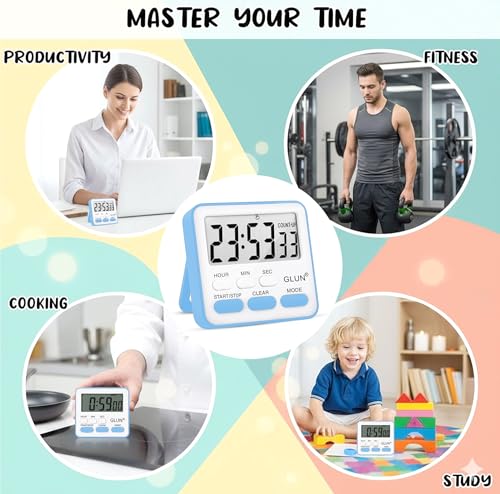 Image of GLUN Digital Kitchen Timer & Stopwatch, Large Digit Countdown, Loud Alarm Clock with Back Magnetic Retractable Stand for Baking, Cooking Study, Office, Gym, Athlete and Student (Blue)
