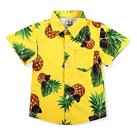 Aeslech Little & Big Boy's Button Down Hawaiian Shirt Lightweight Pineapple Print Summer Clothes Tropical Party Yellow 160CM - 11-12 Years Cover