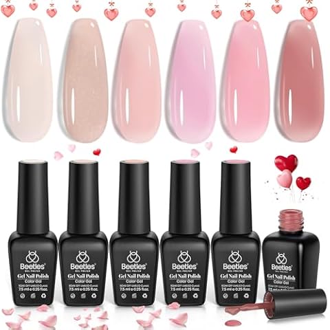 Beetles Jelly Gel Nail Polish Set 6 Colors Neutral Sheer Shimmer Glitter Nails Nude Pink Gel Polish Kit Translucent Soak off Uv Nail Gel Diy Manicure Nail Trend Nail Art Valentine's Day Gift for Women Cover
