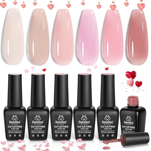 Beetles Jelly Gel Nail Polish Set 6 Colors Neutral Sheer Shimmer Glitter Nails Nude Pink Gel Polish Kit Translucent Soak off Uv Nail Gel Diy Manicure Nail Trend Nail Art Valentine's Day Gift for Women