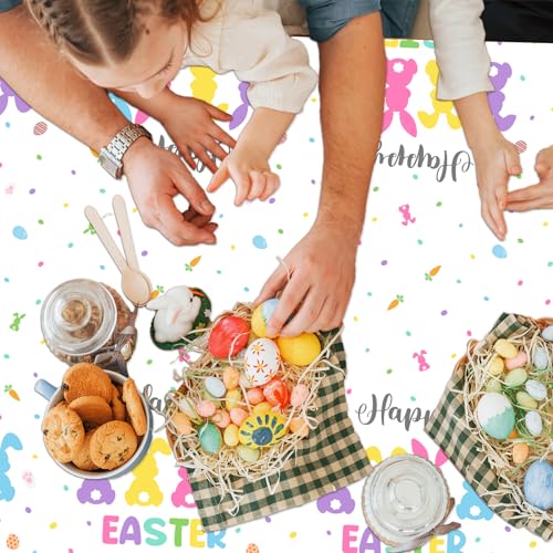 Image of CMUSKO Happy Easter Tablecloth Decoration, 3pc Colorful Bunny Tablecloth Rectangle Eggs Table Cover for Spring Holiday Decorations Supplies