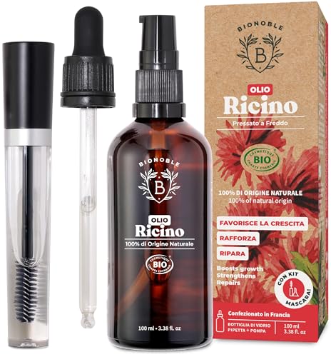Bionoble Olio di Ricino Biologico 100ml - 100% Puro, Naturale, Pressato a Freddo - Ciglia, Sopracciglia, Capelli, Unghie - Vegan Castor Oil - Bottiglia di Vetro + Pipetta + Pompa + Kit Mascara