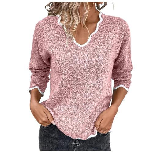 Women's Fashion V Neck Sweaters Cozy Fit Fleece Sweaters Plus Size Spring Sweater Elegant Chunky Pullover Tops