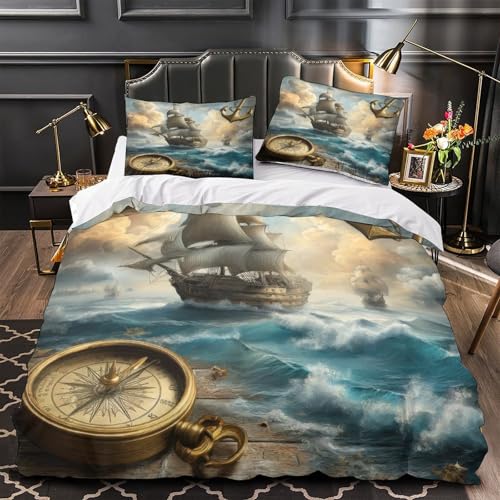 YVASPQRTW Escena del océano en un velero 3D Impresión Edredón Funda 3pz Microfibra Resistente Náutica Vintage Funda de edredón 2 Fundas Lavable a máquina Chicos Chicas Single（140x200cm）