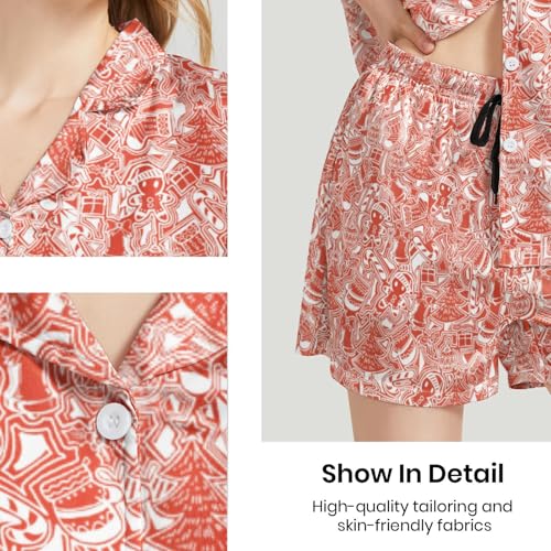 Image of Funny Pajamas for Women Set Print Satin Loungewear Pjs Short Sleeve Button Down Top and Shorts Sets Sleepwear XS-3XL