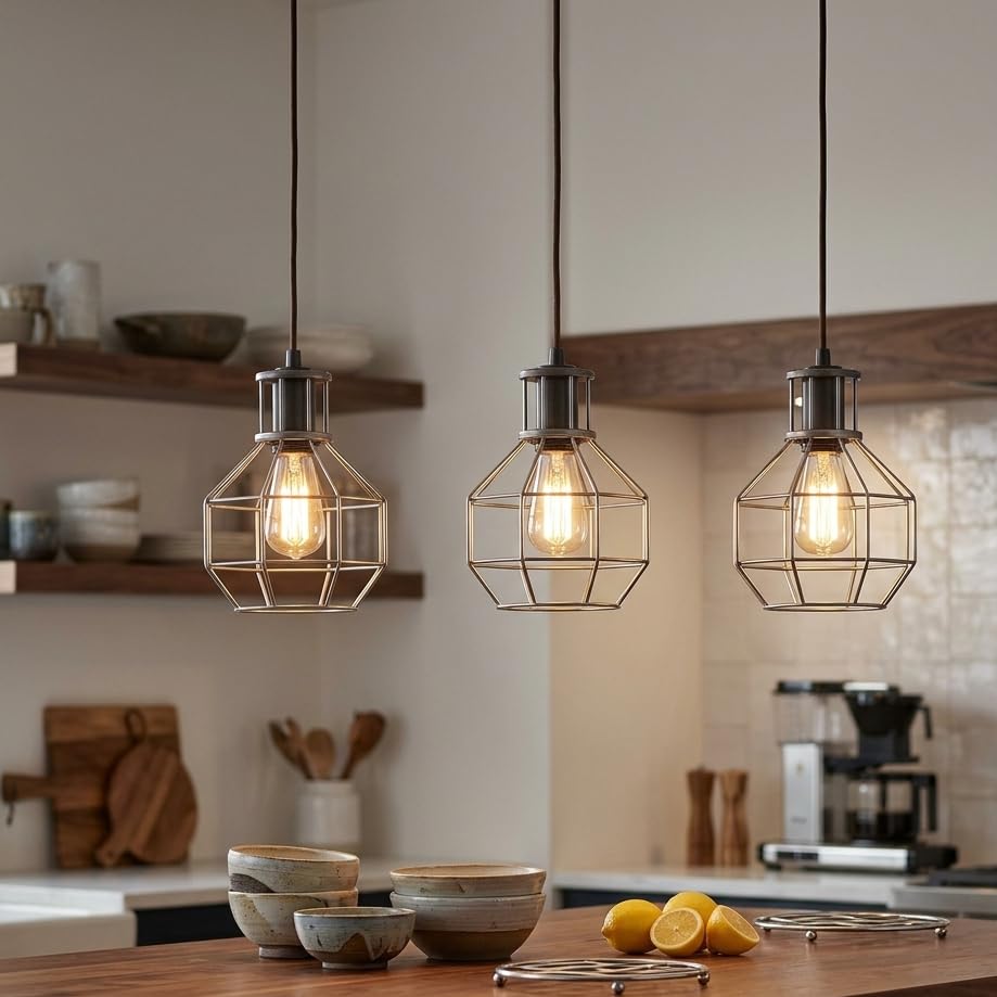 LEDSone 3 Light Industrial Pendant Light, Kitchen Island Ceiling Lighting, Vintage Brushed Silver Metal Cage Bar Hanging Lamp, E27 Base, 90cm Adjustable for Dining Room Cafe — image 1