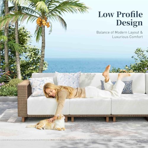 Image of 6-Piece Patio Sectional Furniture Set with 10 inch Thick Cushions | Outdoor Yellow Rattan Wicker Sofa. L Shaped Modular Conversation Set. Wide Arm +Low Profile Couch. for Deck Lawn Garden Porch