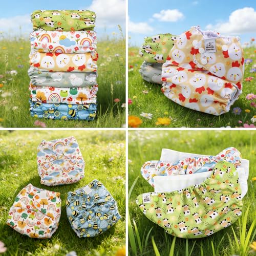 Image of Mama Koala 6 Pack Reusable Cloth Diapers 3.0 for Babies Girls Newborn, One-Size Adjustable Baby Diaper, Durable Stitching, Back Opening for Inserts, Breathable Awj Lining, Leak Prevention-Happy Farm