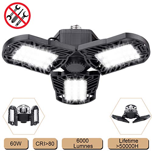 RundA LED Garage Lights, 60W Deformable Garage Ceiling Light 6000LM E26 Basement Light with 3 Adjustable Panels LED Light Bulbs for Workshop, Barn, Warehouse and More