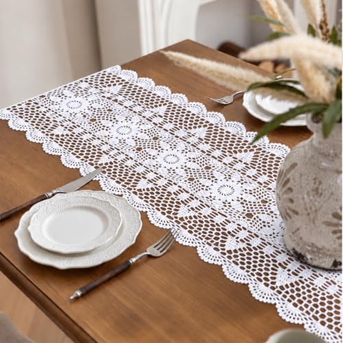 kilofly, Chemin de Table en Coton Fait à la Main avec Dentelle crochetée rectangulaire Blanc 15 x 36 Pouces
