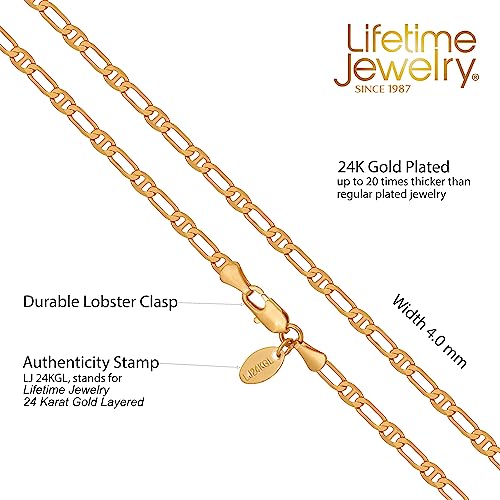 LIFETIME JEWELRY Beveled Italian Figaro Chain for Men & Women 24k Real Gold Plated Gold Necklace 16 to 36 Inch4