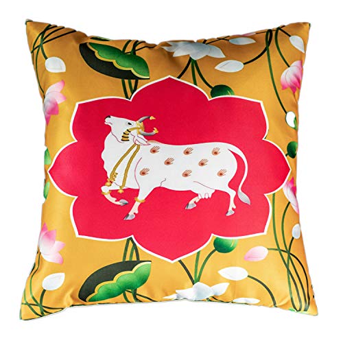 Image of Decorative Satin Sofa Cushion Covers Set of 5, 18 Inch x 18 inch, Sofa Pillow Cover, Ethnic Festive Cow Pichwai, Multicolor, Rajasthani Design, Zipper Closure (Lotus Cow, 18x18 Inches)