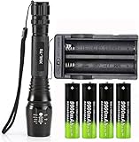 Bright 2000 Lumen 18650 Tactical Flashlight and 4 PCS 3.7V Large-Capacity Rechargeable Battery + Battery Charger, Scalable, Waterproof, Five Modes of Handheld Light
