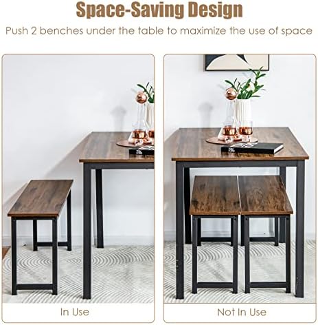 COSTWAY Dining Table Set with 2 Benches, 3 PCS Breakfast Table and Benches with Anti-slip Foot Pads, Space-Saving Kitchen Dinette Table Furniture Set for 4 People Small Space (Coffee+Black)