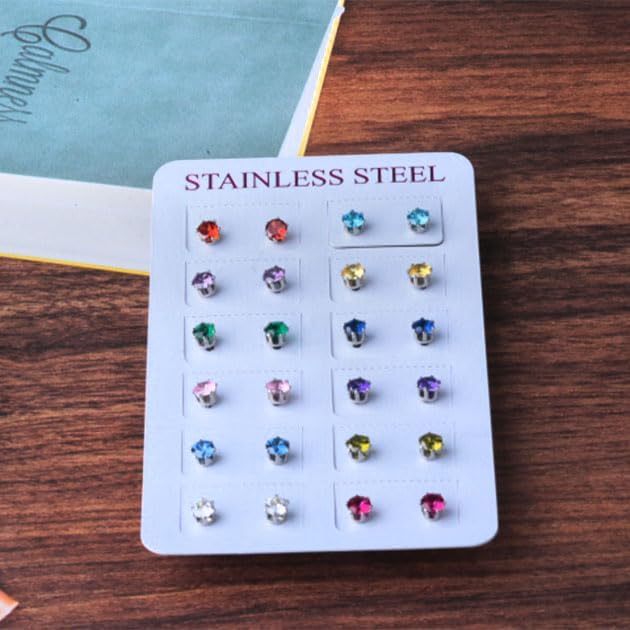 Miniatura 6 de Juego de 12 pares de aretes de tuerca de acero inoxidable con circonita cúbica para mujer, juego de aretes de tuerca con piedra natal multicolor