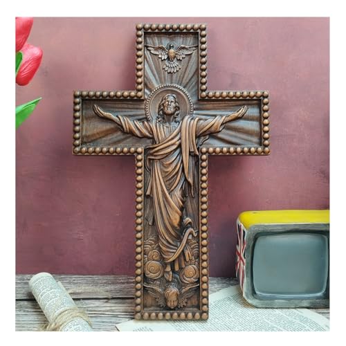 QIADGE Ascension of Jesus Handmade Cross Catholic Wall Decor Wooden Christian Decoration Gift Wood Carved Handmade Craft cross jesus cross for wall baptism favors wooden cross(13.7 * 10.7 in)