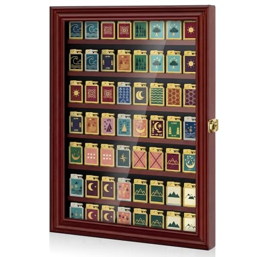 Silipull 56 Lighter Display Case Wall Mount Display Case for Lighter Detachable Wooden Cabinet W/98% UV Acrylic Door Lockable Spoon Storage Box for Collection, 19.3 x 14 x 1.57 Inch, Cherry Finish