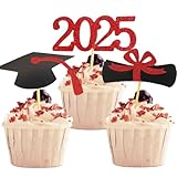 Picture of YuBoBo 2025 Graduation Cupcake Toppers, 48 PCS Food/Appetizer Picks For Graduation Party Mini Cake Decorations, Diploma, 2025, Grad Cap Set 48 Pieces (03 Red)