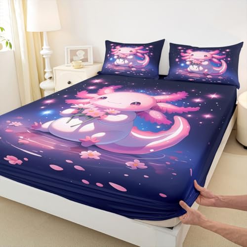 Image of jejeloiu Cute Axolotl Bed Sheets Set King Size Cartoon Pink Axolotl Bed Set Kawaii Salamander Sea Ocean Animal Deep Pocket Fitted Sheet Purple Dreamy Starry Breathable Soft Lightweight Microfiber