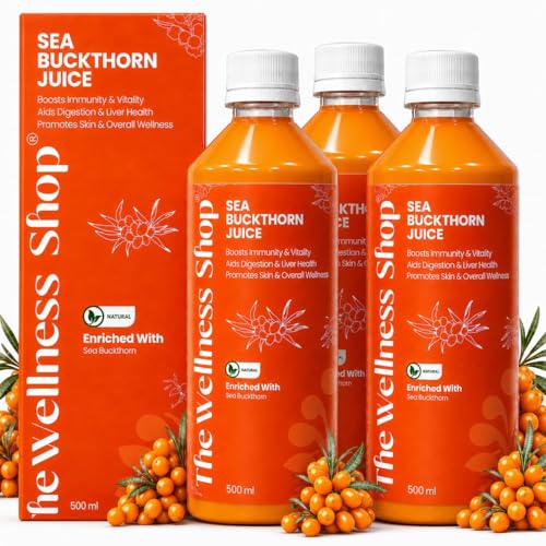 Image of The Wellness Shop Himalayan Sea Buckthorn Juice 500ml x3 | Cold Pressed Seabuckthorn Berry Pulp Concentrate with Natural Vitamin C Omega 3 6 7 9, Antioxidants | Supports Immunity Skin Glow Gut Health