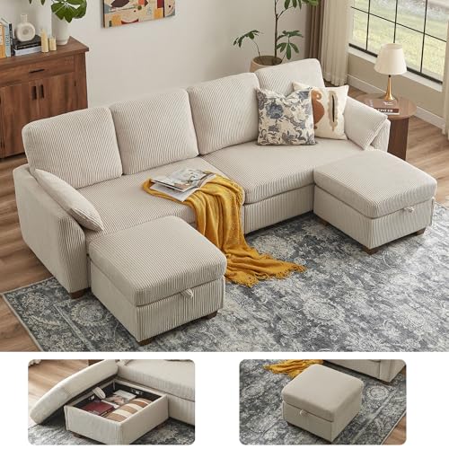 Image of Sectional Sofa with Dual Storage Ottomans, 4 Seat U Shaped Couches for Living Room: Soft Corduroy | Double Movable Chaise Ottoman | Modern Reversible Convertible Couch Set, Beige