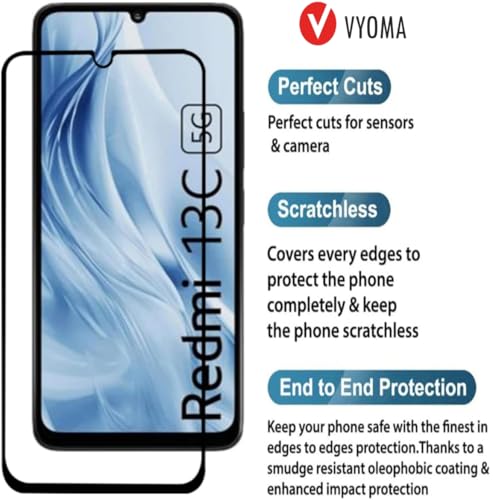 Image of VYOMA Military-Grade Gorilla Tempered Glass for Redmi 13C 5G /Poco M6 5G (Black) Edge to Edge Screen Protectors, High Clarity, 9H Hardness, Scratch Resistant, Military-Grade, Shatterproof, Screen Guard with Easy Installation Kit
