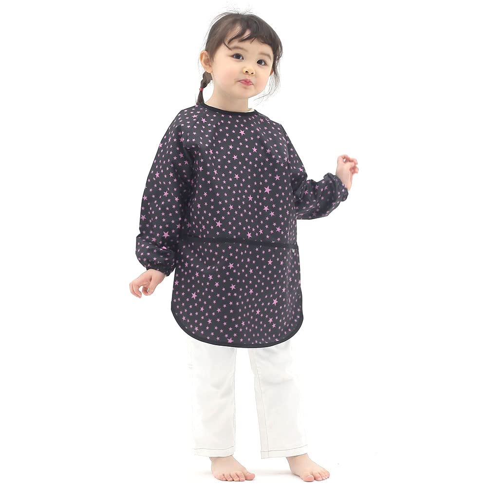 Plie Waterproof Kids Art Smocks 20 Colors (Age 1-10, S-XXL size), Black Pink Star (51-XL)