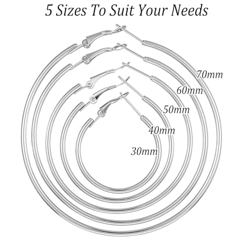 5 Pairs Large Thin Silver Hoop Earrings, Hypo-allergenic Thin Silver Hoop Earrings Set, Lightweight Big Loop Earring Stainless Steel Earings 30/40/50/60/70 mm2