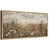 SHENIFY Vintage Landscape Framed Wall Art Meadow with Flowers Farmhouse Decor Retro Wildflower Field Scenery Painting for Hallway Bedroom Living Room Dining Room - 20x40in Natural Framed