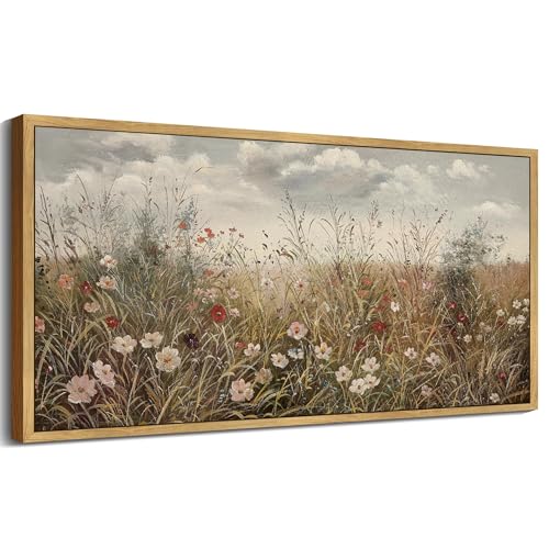 SHENIFY Vintage Landscape Framed Wall Art Meadow with Flowers Farmhouse
