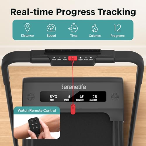 Image of SereneLife Portable Foldable Treadmill with Remote Control, 8.7 MPH Smart Speed Control, Treadmills for Home, Under Desk Treadmill for Home Office, Shock Absorption, App Support, 265lbs Limit