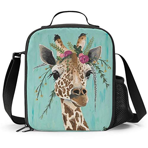 Prelerdiy Giraffe Lunch Box - Insulated Lunch Box For Kids Deer With Floral Headpiece Design With Side Pocket & Shoulder Strap Lunch Bag, Perfect For School/Camping/Hiking/Picnic/Beach/Travel #TOP2