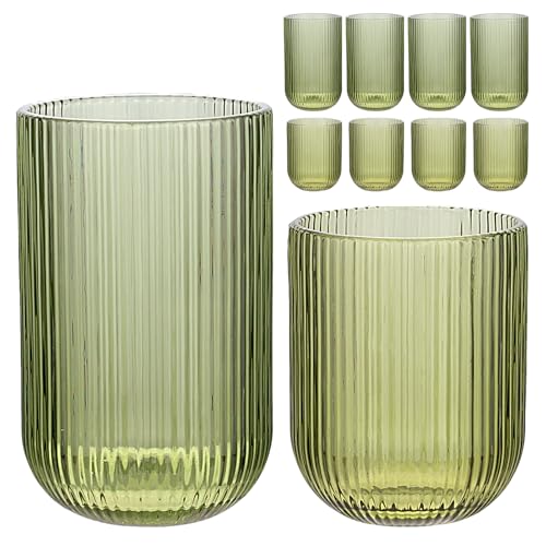 Set of 8 Ribbed Glassware,4 Highball Glasses 14oz & 4 Rocks Drinking Glasses 9oz, Green, Origami Style, Fluted Design, for Milk, Water, Cocktail, Juice, Beer, ToothBrush Cup, Gift
