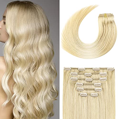 Clip in Hair Extensions 70G Platinum Blonde 100% Remy Human Hair Soft Silky Straight for Fashion Women 7pcs 16clips One Pack (22 Inch #60)