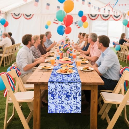 tiosggd Royal Blue Table Runner 11 Inch x 16 Feet, Metallic Sequin Glitter Foil Thin Mesh Table Runners Roll, Blue Table Decor for Wedding Birthday Graduation Spring Party Decorations — view 2