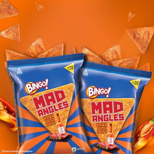 Image of Bingo! Mad Angles Very Peri Peri | Spicy & Crunchy| Premium Corn-Based Triangle Chips Pack for Snacks - 64g /60g ( weight may vary)