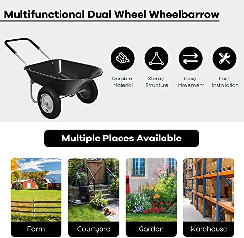 GYMAX Two Wheeled Wheelbarrow, 150KG Heavy Duty Garden Cart with Pneumatic Tyre, Dump Barrow for Patio, Warehouse and Farm (Black)