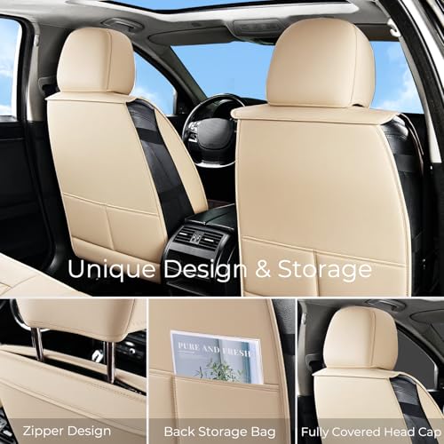 Image of Huidasource Beige Seat Covers Full Set, Nappa Leather Seat Cover Hollow Design Airbag Pops, Front ＆ Back Seat, 5 Layers Seat Covers for Most Cars, Vans, Trucks, SUVs Universal Fit (Full Set /Beige)