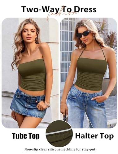 Image of Avidlove Halter Tops for Women Going Out Double Lined Sexy Crop Tank Top Ruched Slim Fit Cami Y2K Outfits Womens Summer Tops
