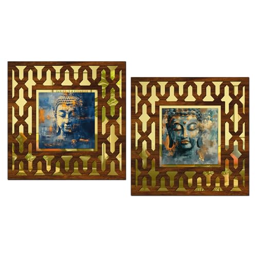 Image of Wooden Buddha Art Mirror Wall Decor Panel for Home Decor Living Room Bed Room Office (AD2, 12X12 Inches, Set of 2)