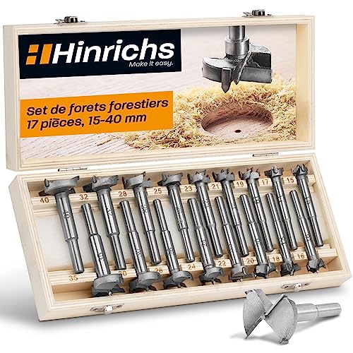 Hinrichs Kit de Mèches Forestières 17 Pièces en Coffret en Bois - Kit de Mèches Forstner 15 à 40 mm - Fraiser Mèches à Bois - Meches à Trous pour Branches