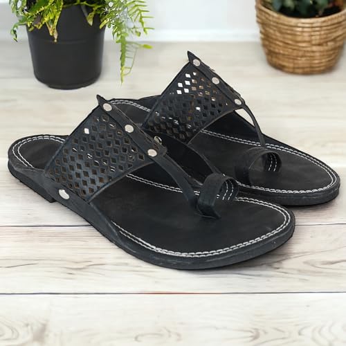 Image of Ethnic Black Sandals For Boys & Men, Comfortable Men's Rajasthani Slippers,