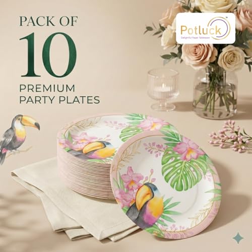 Image of Potluck Tropical Toucan Disposable Paper Plates, 9 Inch Food Grade Tableware for Parties, Events, Snacks & Meal Serving Pack
